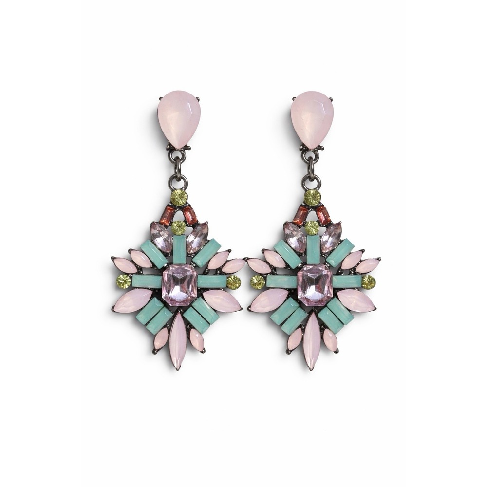 Boho Art Deco Rhinestone Dangle Earrings Pink Green Statement 2.75" Drop NWOT